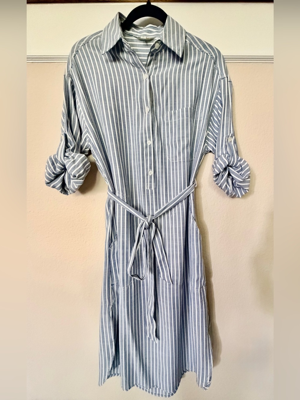 NWOT Max Studio Blue and White Striped Midi Shirt Dress